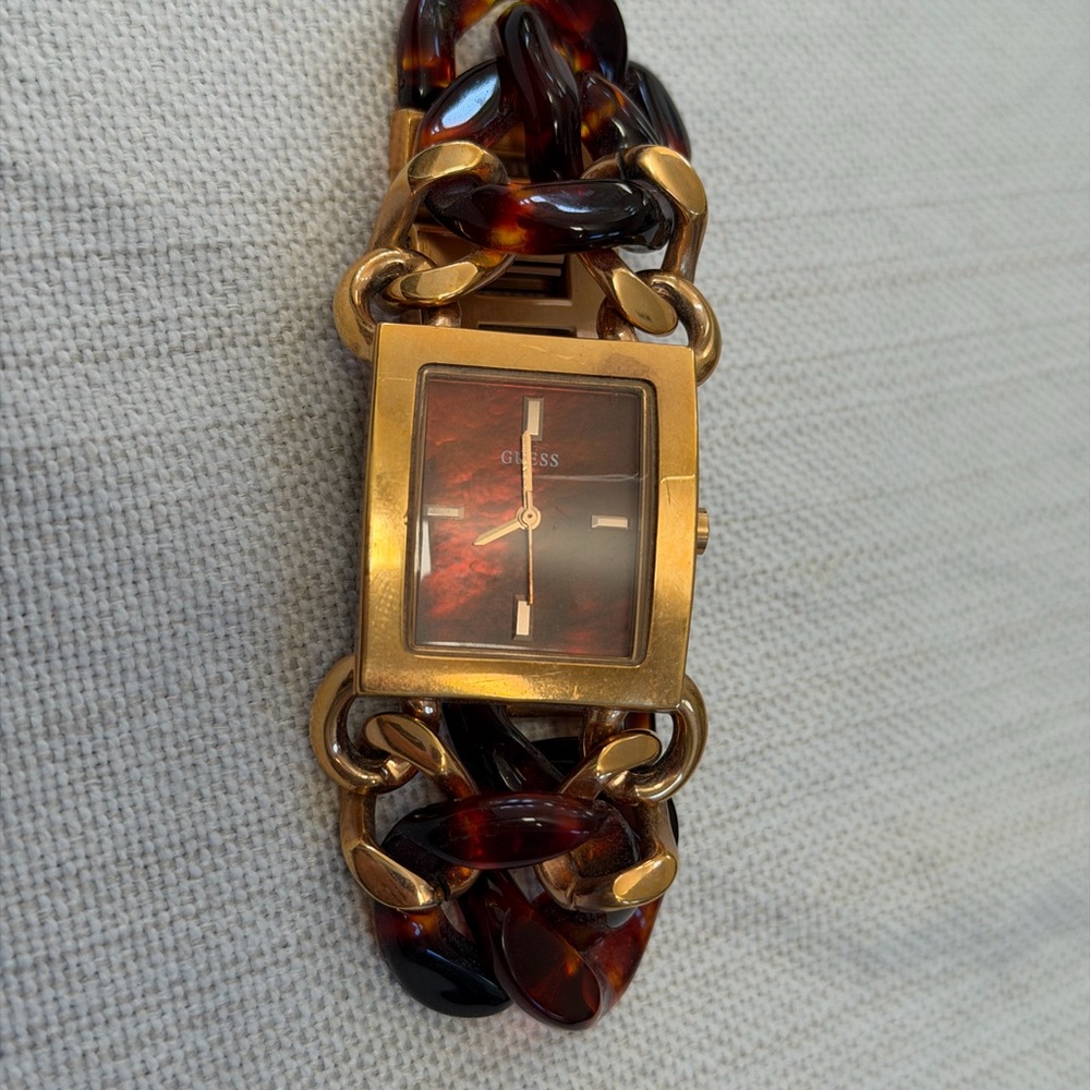 Guess Women's Gold and Brown Tortoise Chain Watch